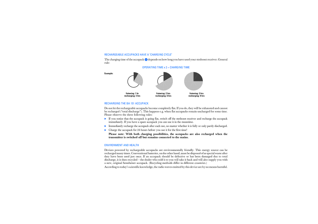 Sennheiser RS2400 Rechargeable Accupacks have a Charging Cycle, Recharging the BA 151 Accupack, Environment and Health 