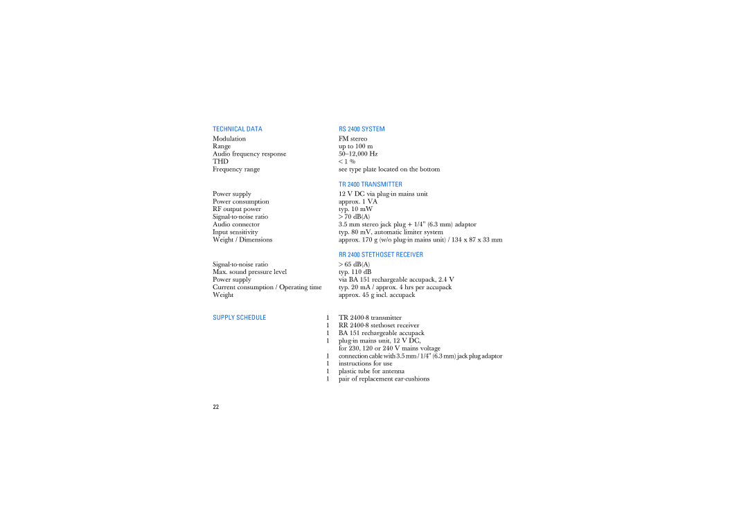 Sennheiser RS2400 Technical Data, Supply Schedule RS 2400 System, TR 2400 Transmitter, RR 2400 Stethoset Receiver 