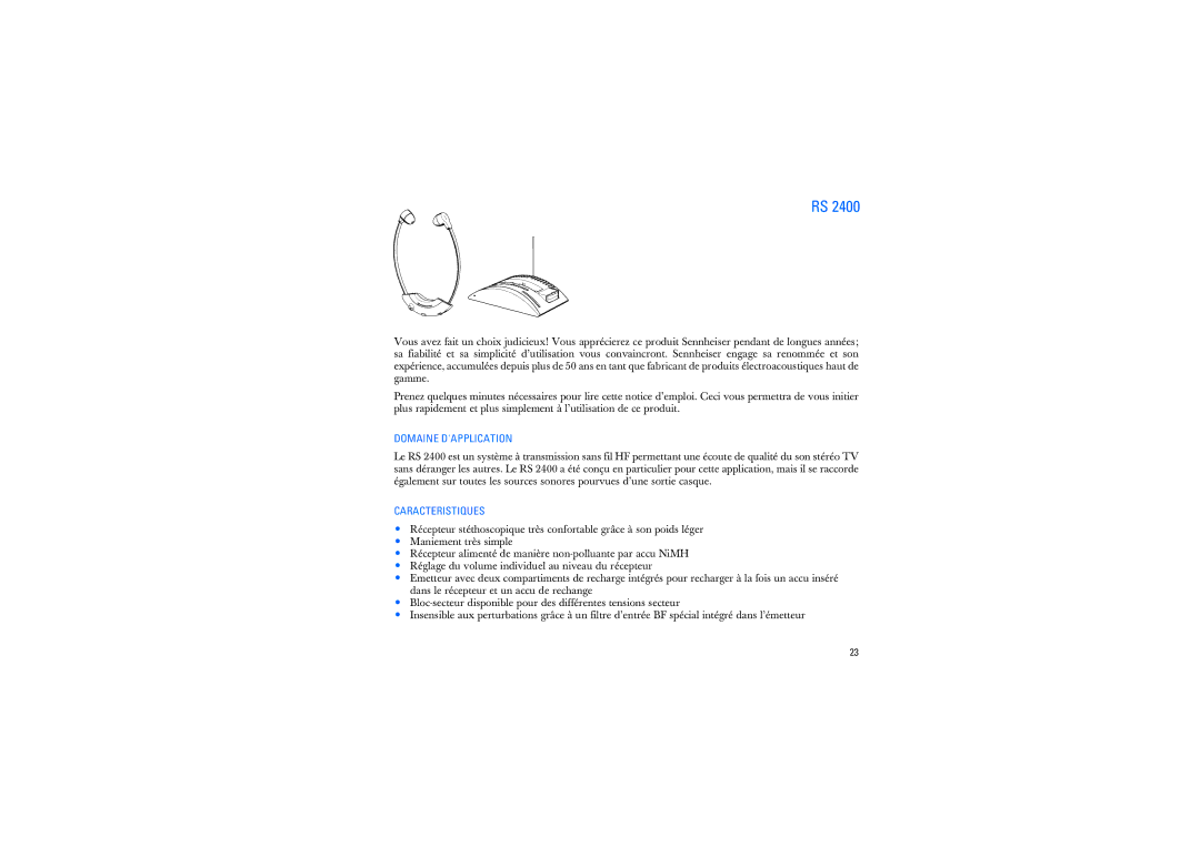 Sennheiser RS2400 instruction manual Domaine Dapplication, Caracteristiques 