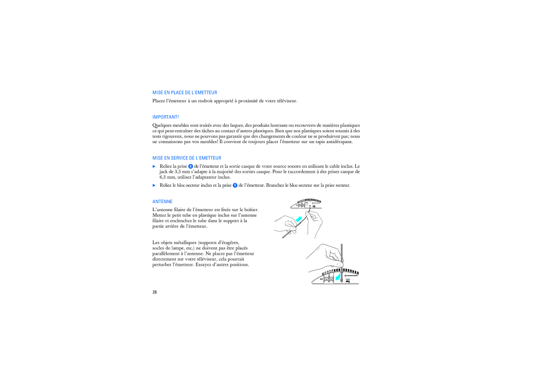 Sennheiser RS2400 instruction manual Mise EN Place DE L´EMETTEUR, Mise EN Service DE L´EMETTEUR 