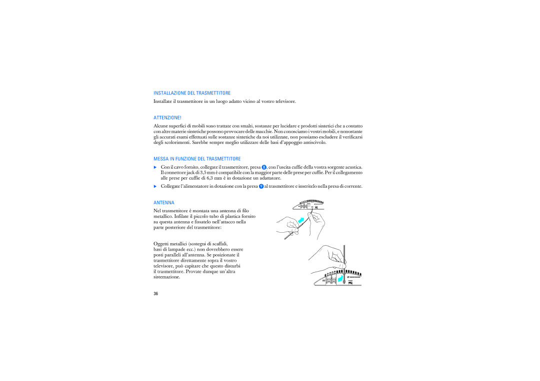 Sennheiser RS2400 instruction manual Installazione DEL Trasmettitore, Attenzione, Messa in Funzione DEL Trasmettitore 