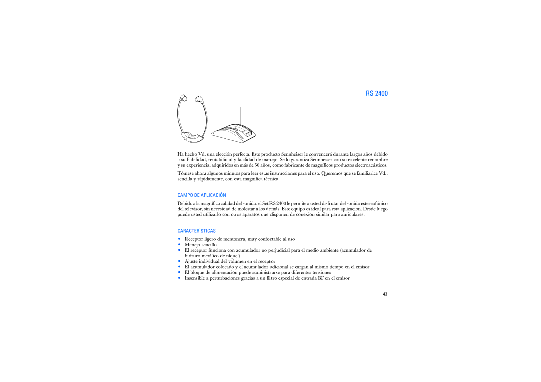 Sennheiser RS2400 instruction manual Campo DE Aplicación, Características 