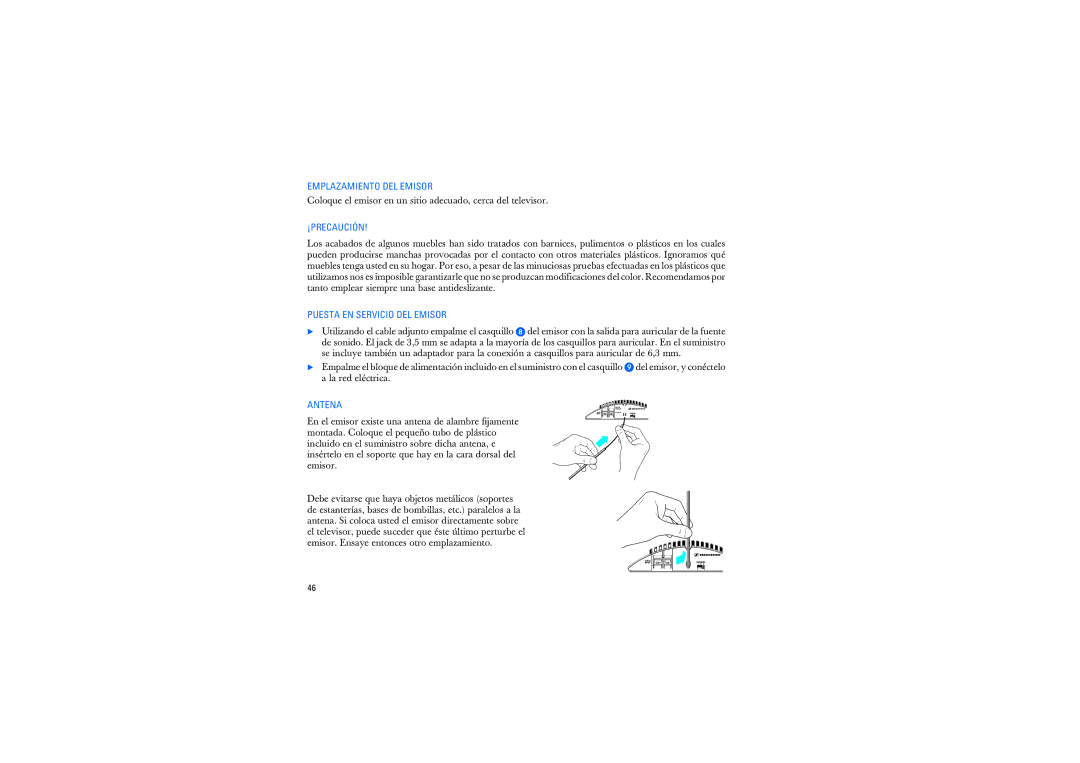 Sennheiser RS2400 instruction manual Emplazamiento DEL Emisor, ¡Precaución, Puesta EN Servicio DEL Emisor, Antena 