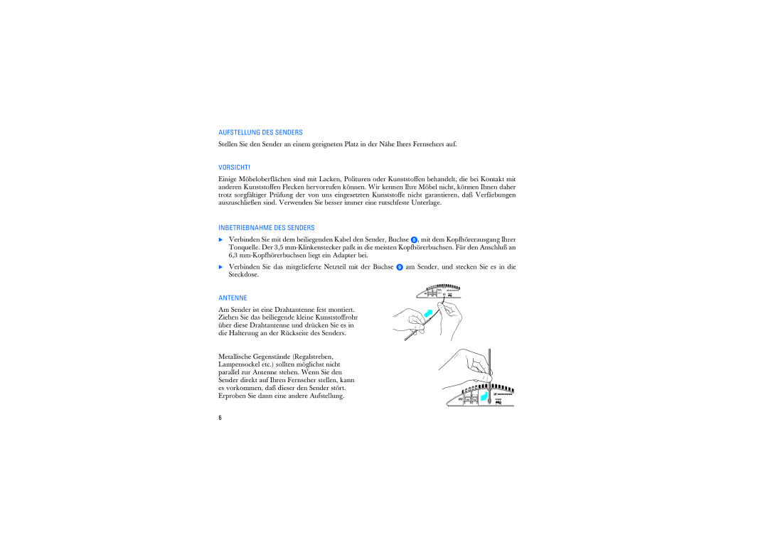 Sennheiser RS2400 instruction manual Aufstellung DES Senders, Vorsicht, Inbetriebnahme DES Senders, Antenne 