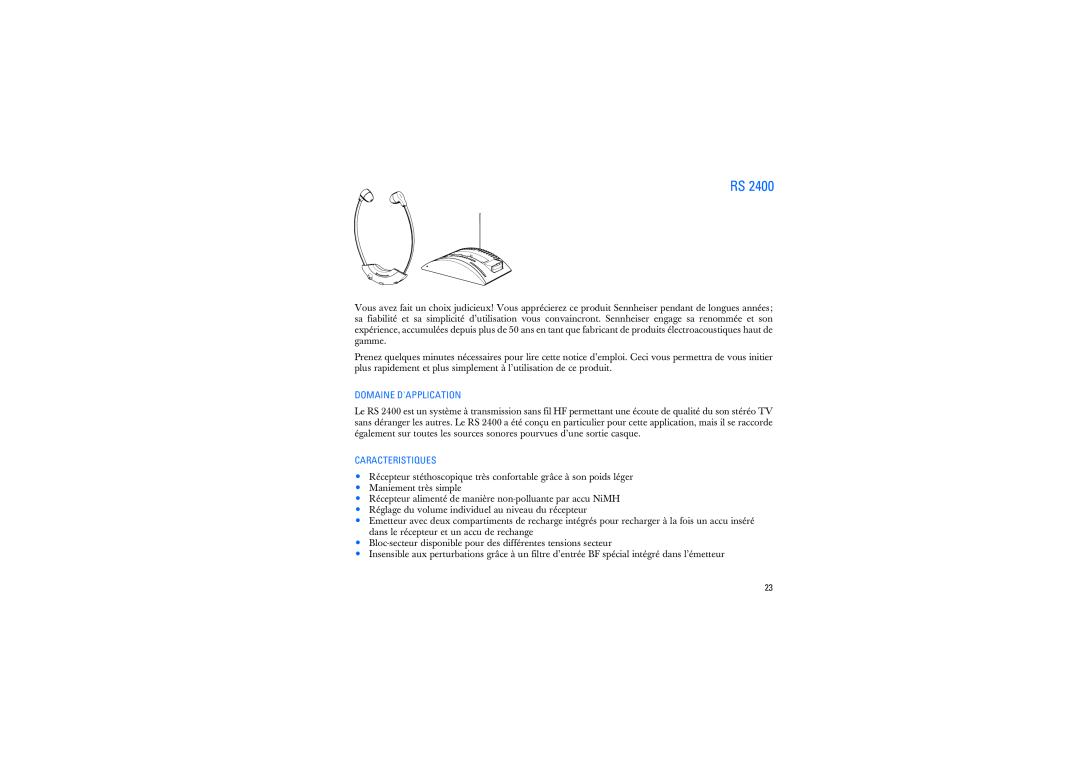 Sennheiser RS2400 instruction manual Domaine Dapplication, Caracteristiques, Maniement très simple 