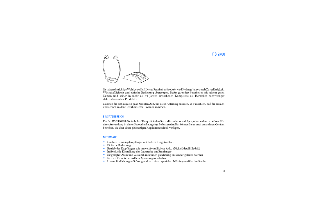 Sennheiser RS2400 instruction manual Einsatzbereich, Merkmale 