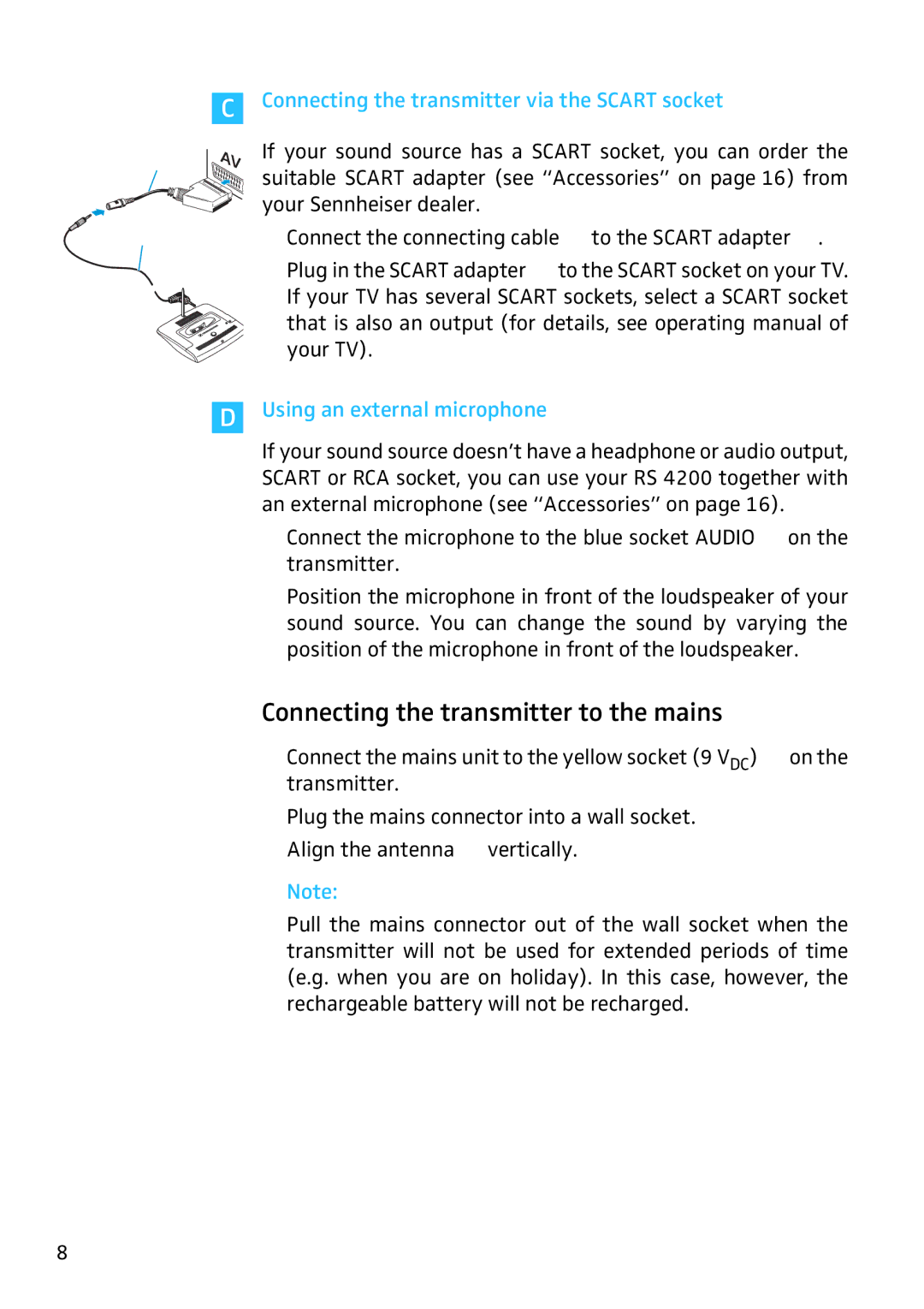 Sennheiser RS4200 manual Connecting the transmitter to the mains, Connecting the transmitter via the Scart socket 