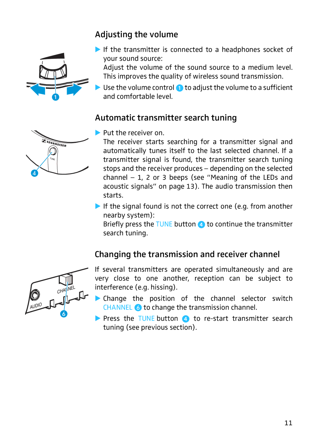 Sennheiser RS4200 manual Adjusting the volume, Automatic transmitter search tuning 