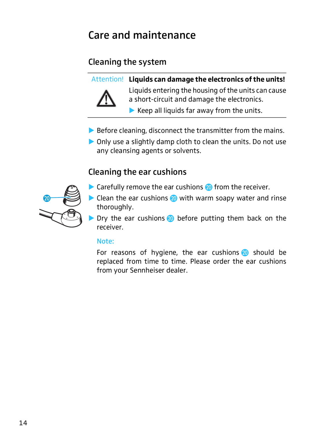 Sennheiser RS4200 manual Care and maintenance, Cleaning the system, Cleaning the ear cushions 