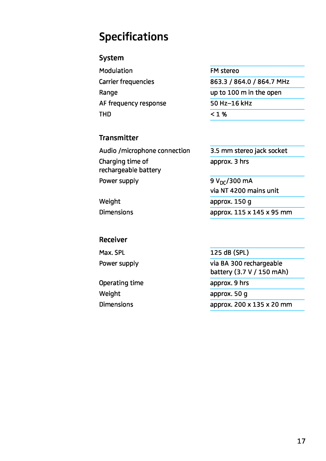 Sennheiser RS4200 manual Specifications, System, Transmitter, Receiver 