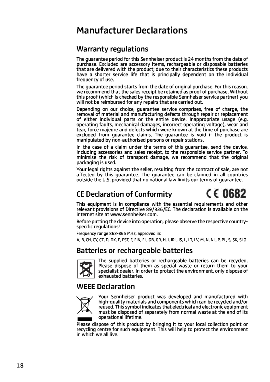 Sennheiser RS4200 manual Manufacturer Declarations, Warranty regulations, CE Declaration of Conformity, WEEE Declaration 