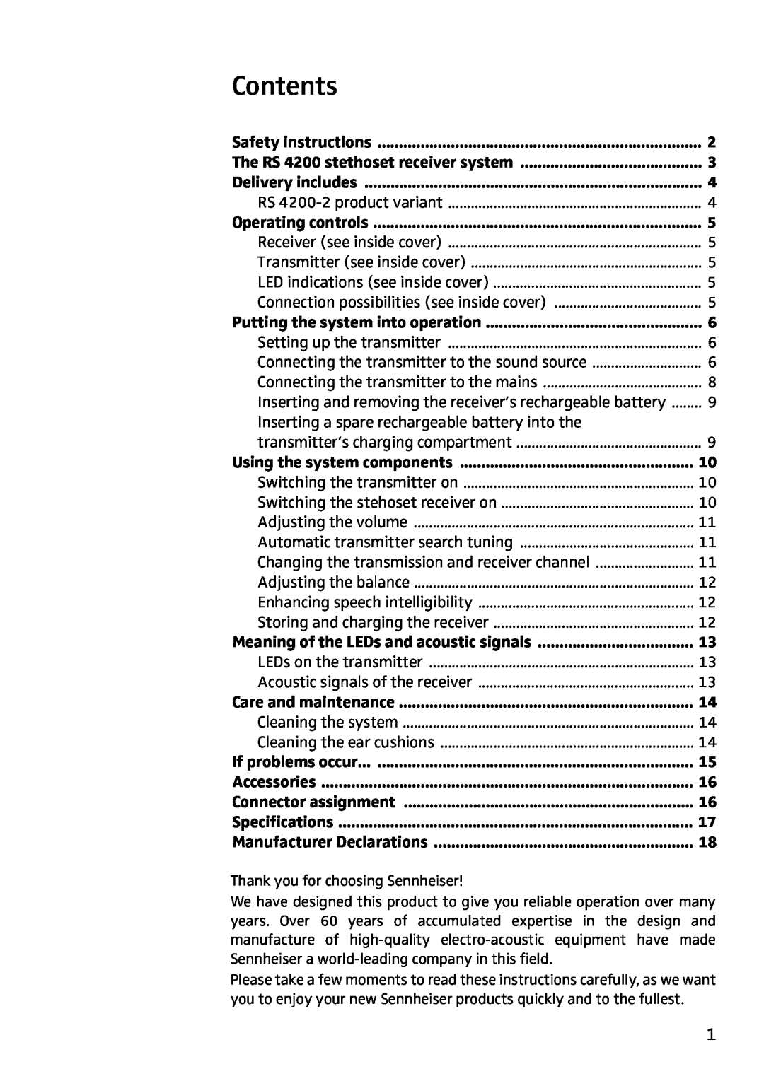 Sennheiser RS4200 manual Contents 