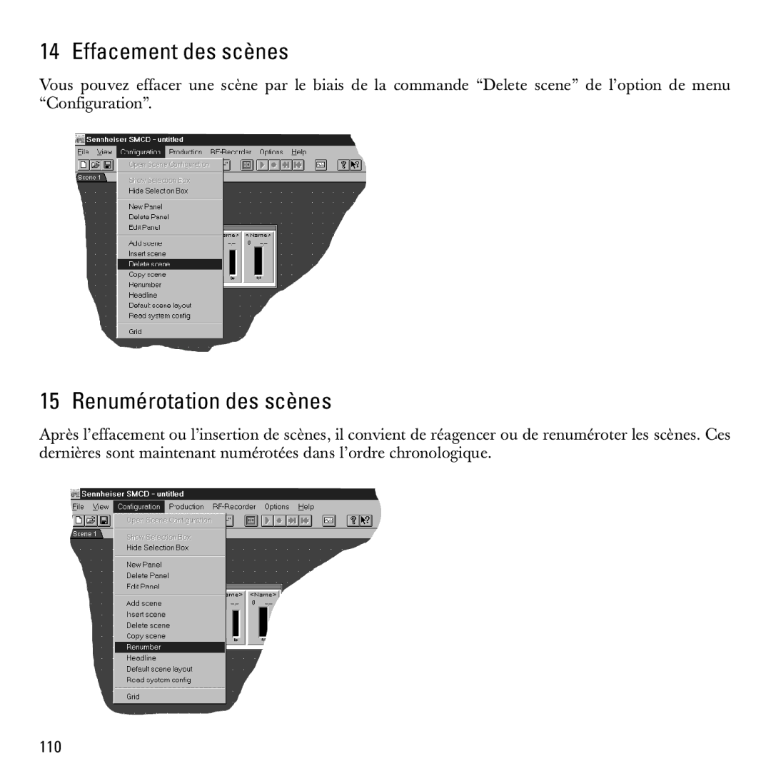 Sennheiser S-MCD 3000 HP manual Effacement des scènes, Renumérotation des scènes 