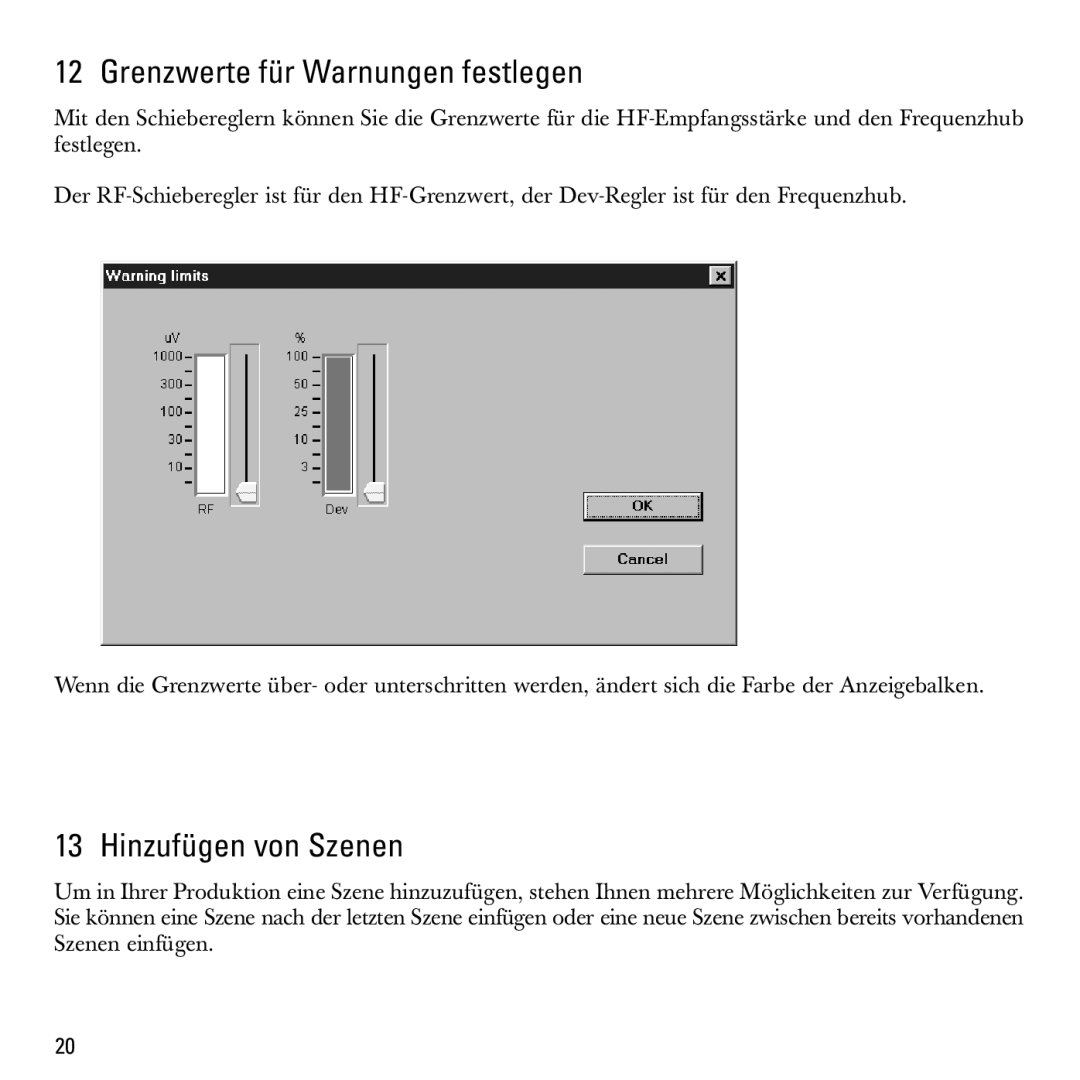 Sennheiser S-MCD 3000 HP manual Grenzwerte für Warnungen festlegen, Hinzufügen von Szenen 