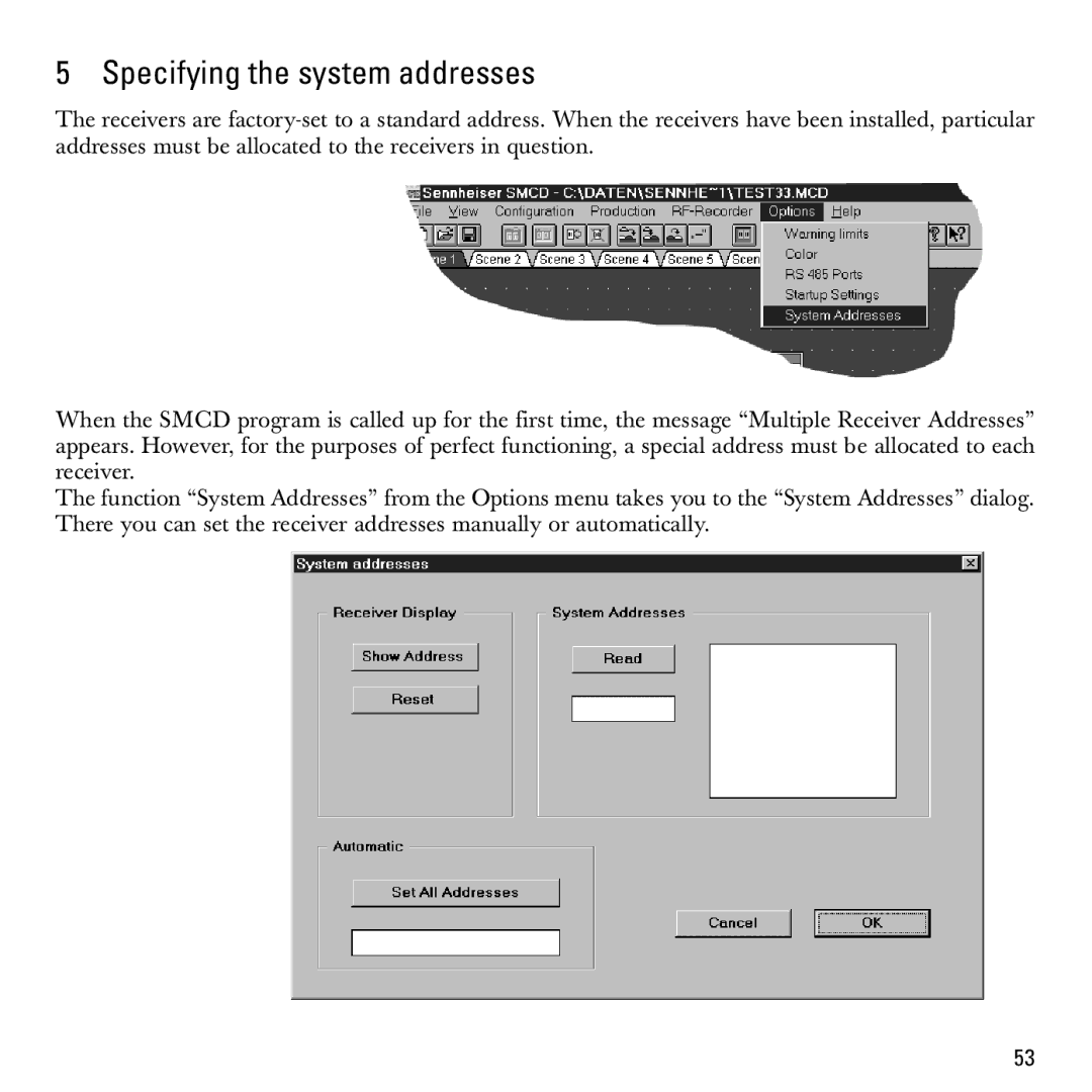 Sennheiser S-MCD 3000 HP manual Specifying the system addresses 