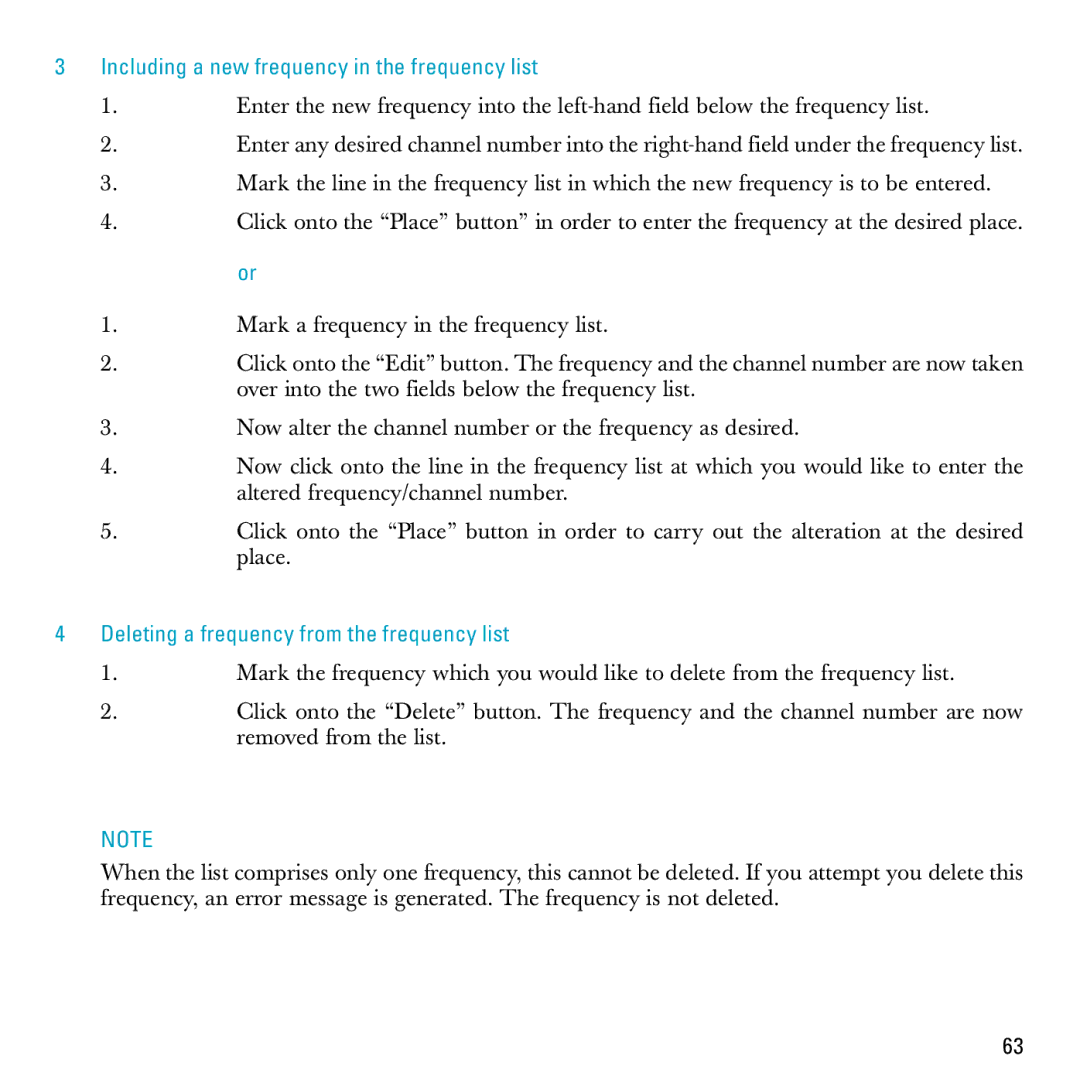 Sennheiser S-MCD 3000 HP Including a new frequency in the frequency list, Deleting a frequency from the frequency list 