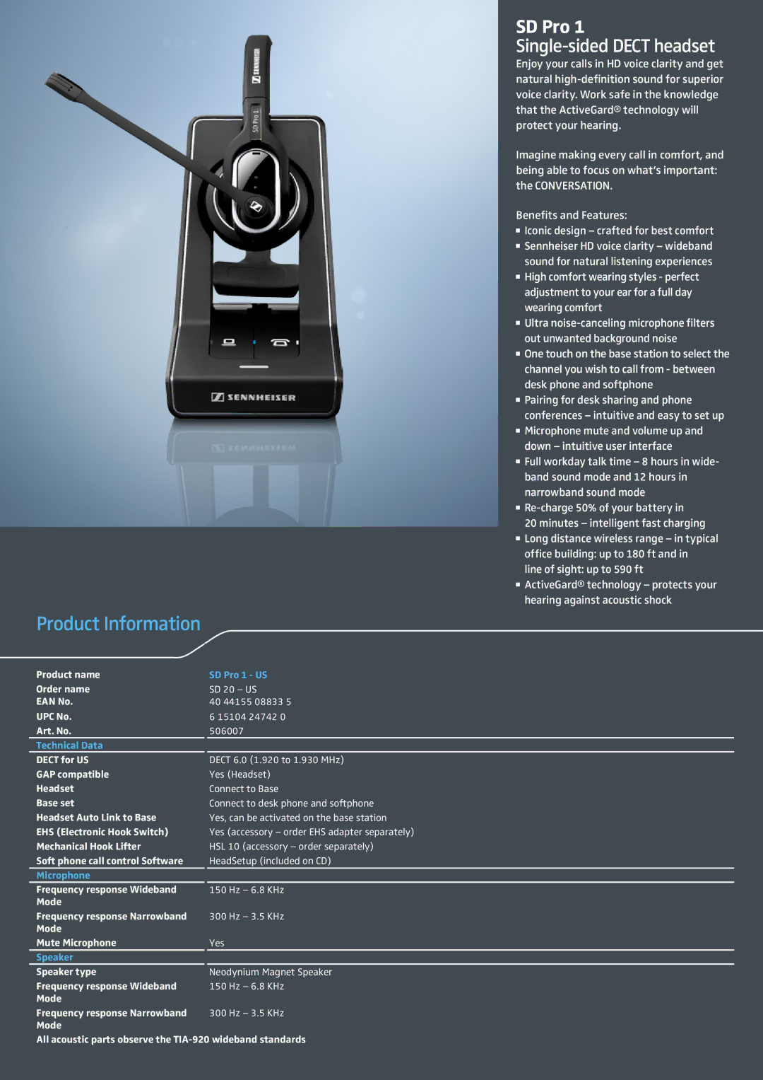 Sennheiser SD Pro 1 manual Product Information 