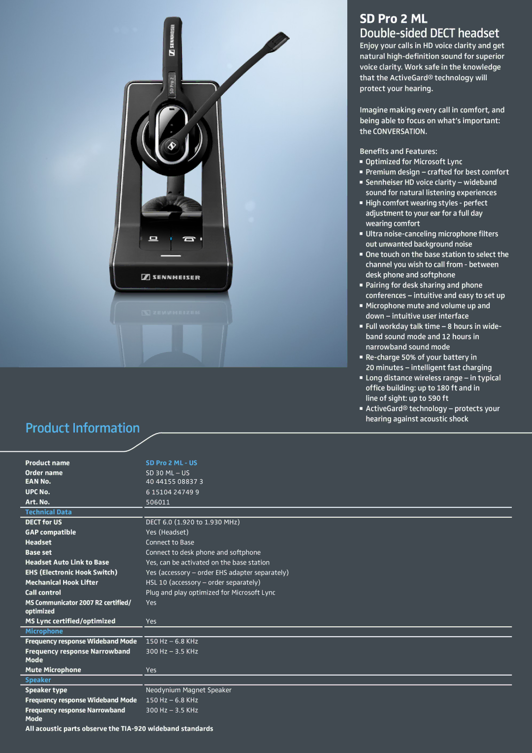 Sennheiser SD PRO 2 ML manual Product Information 