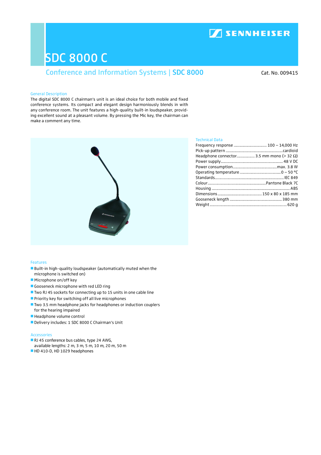 Sennheiser SDC 8000 C dimensions Conference and Information Systems SDC, Cat. No, Abs 