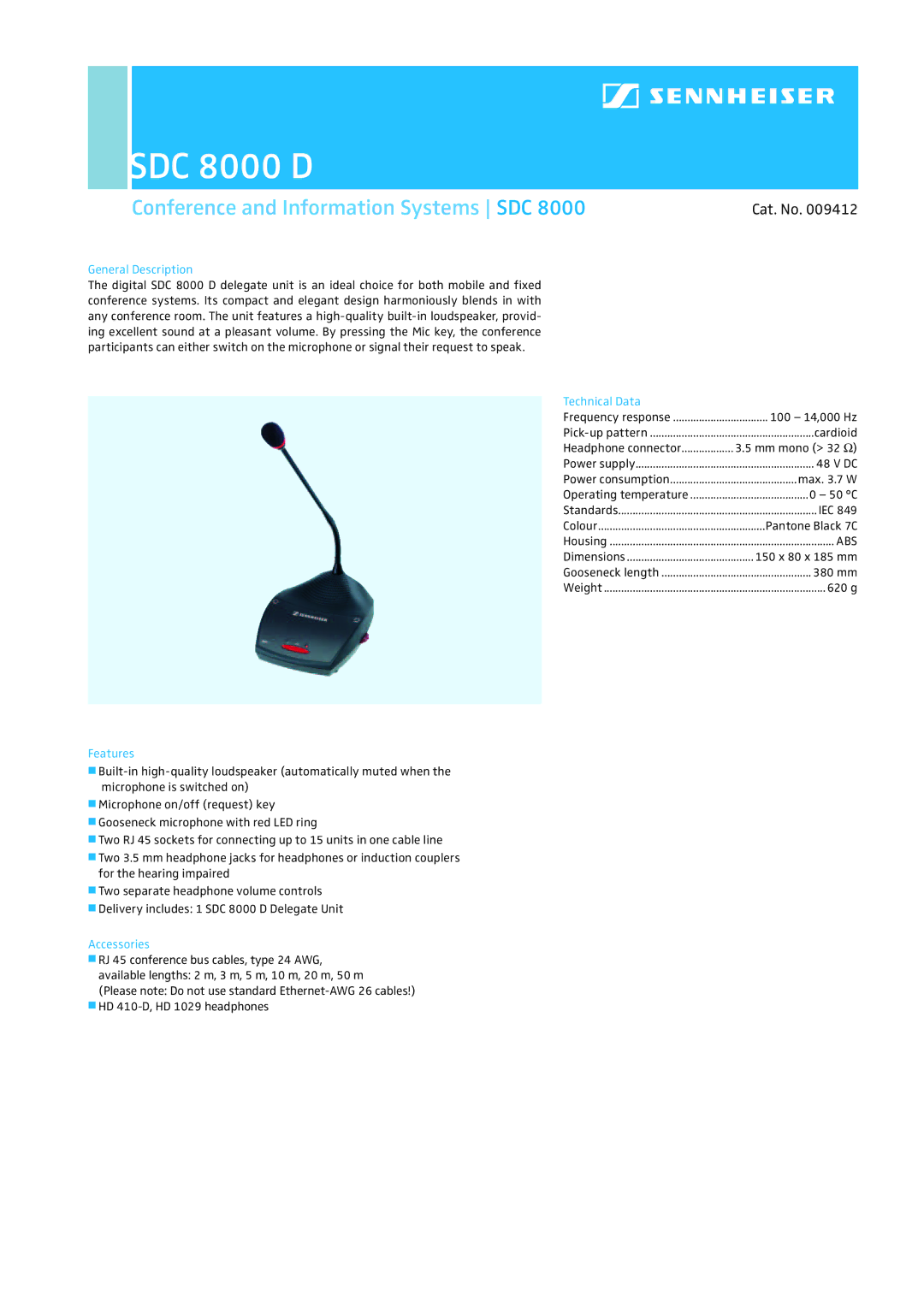 Sennheiser SDC 8000 D dimensions Conference and Information Systems SDC, Cat. No, Abs 