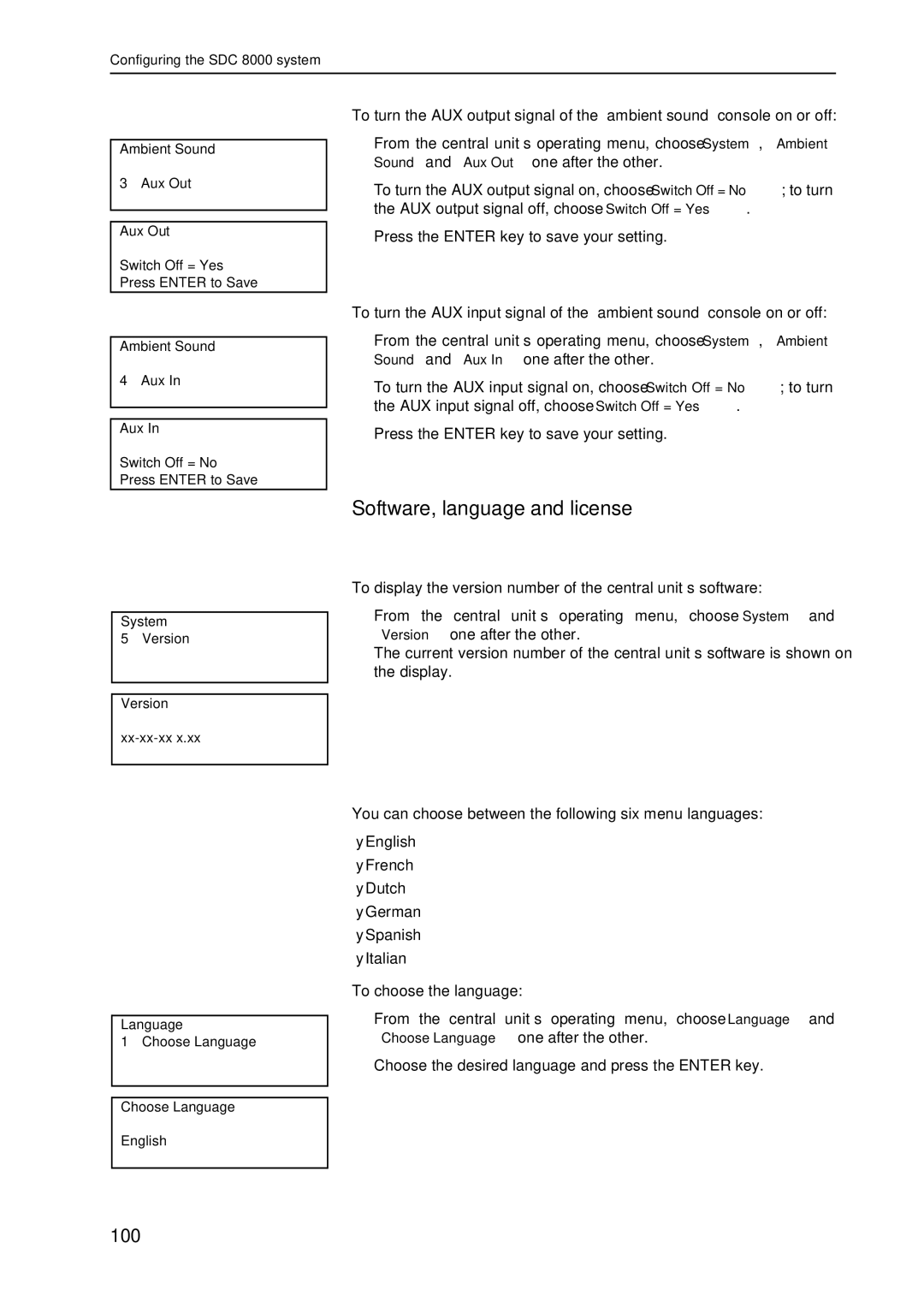 Sennheiser SDC 8000 Software, language and license, Choosing the language of the central unit’s operating menu 