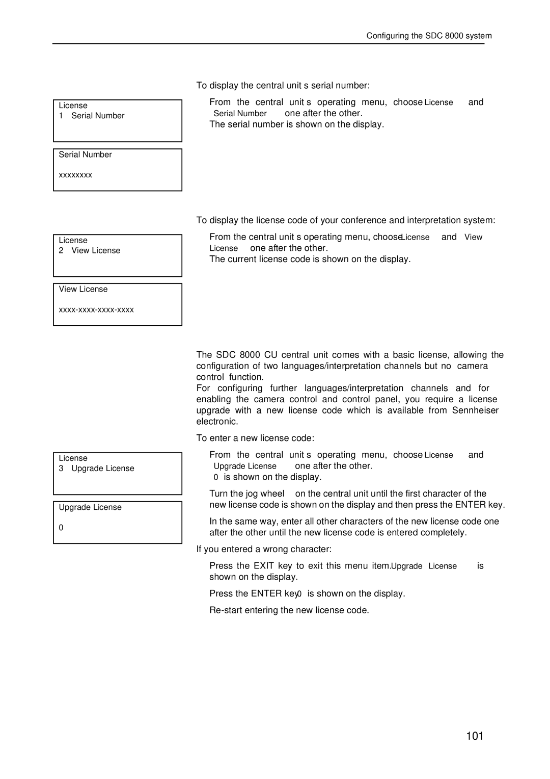 Sennheiser SDC 8000 system manual Displaying the central unit’s serial number 