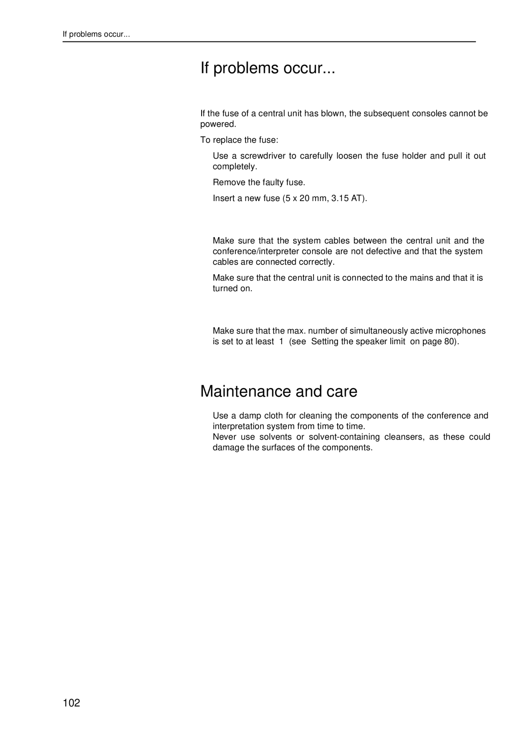 Sennheiser SDC 8000 system manual If problems occur, Maintenance and care, Replacing a fuse 