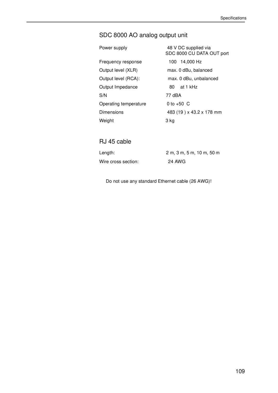 Sennheiser system manual SDC 8000 AO analog output unit, RJ 45 cable 