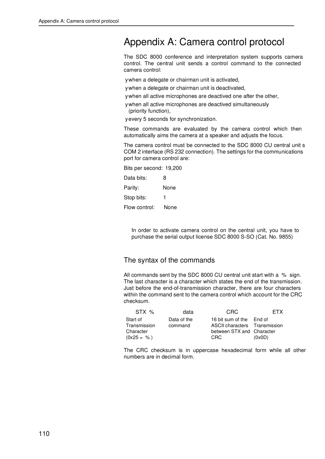 Sennheiser SDC 8000 system manual Appendix a Camera control protocol, Syntax of the commands 