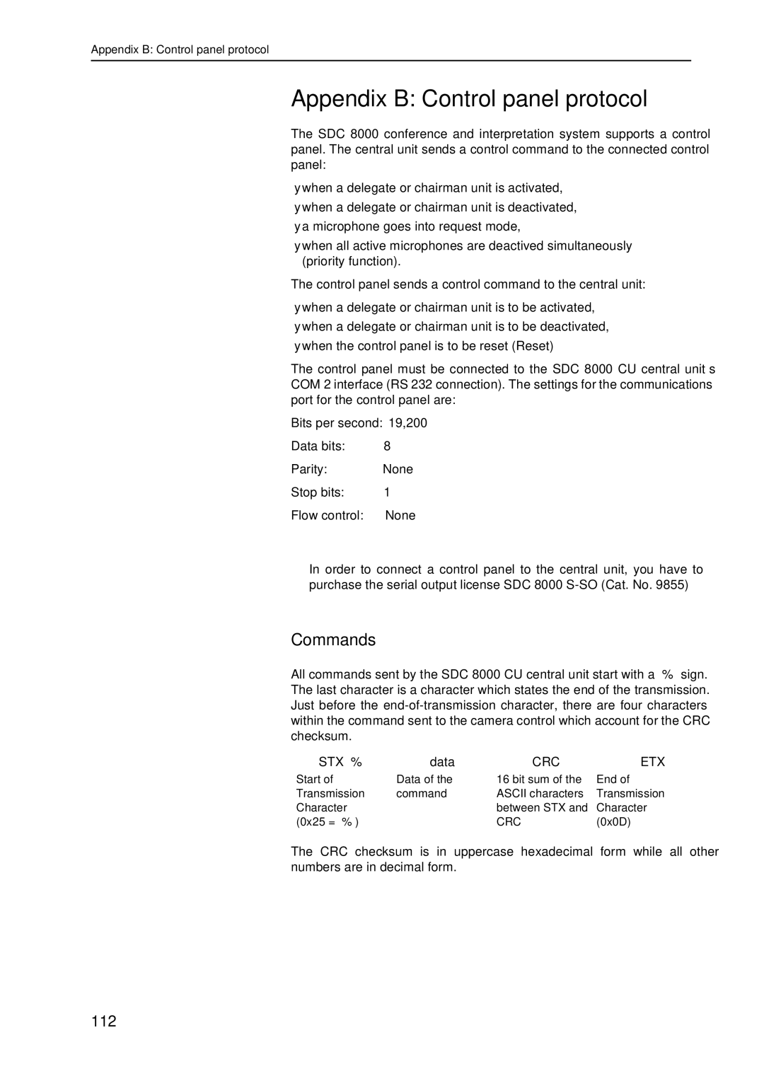 Sennheiser SDC 8000 system manual Appendix B Control panel protocol, Commands 