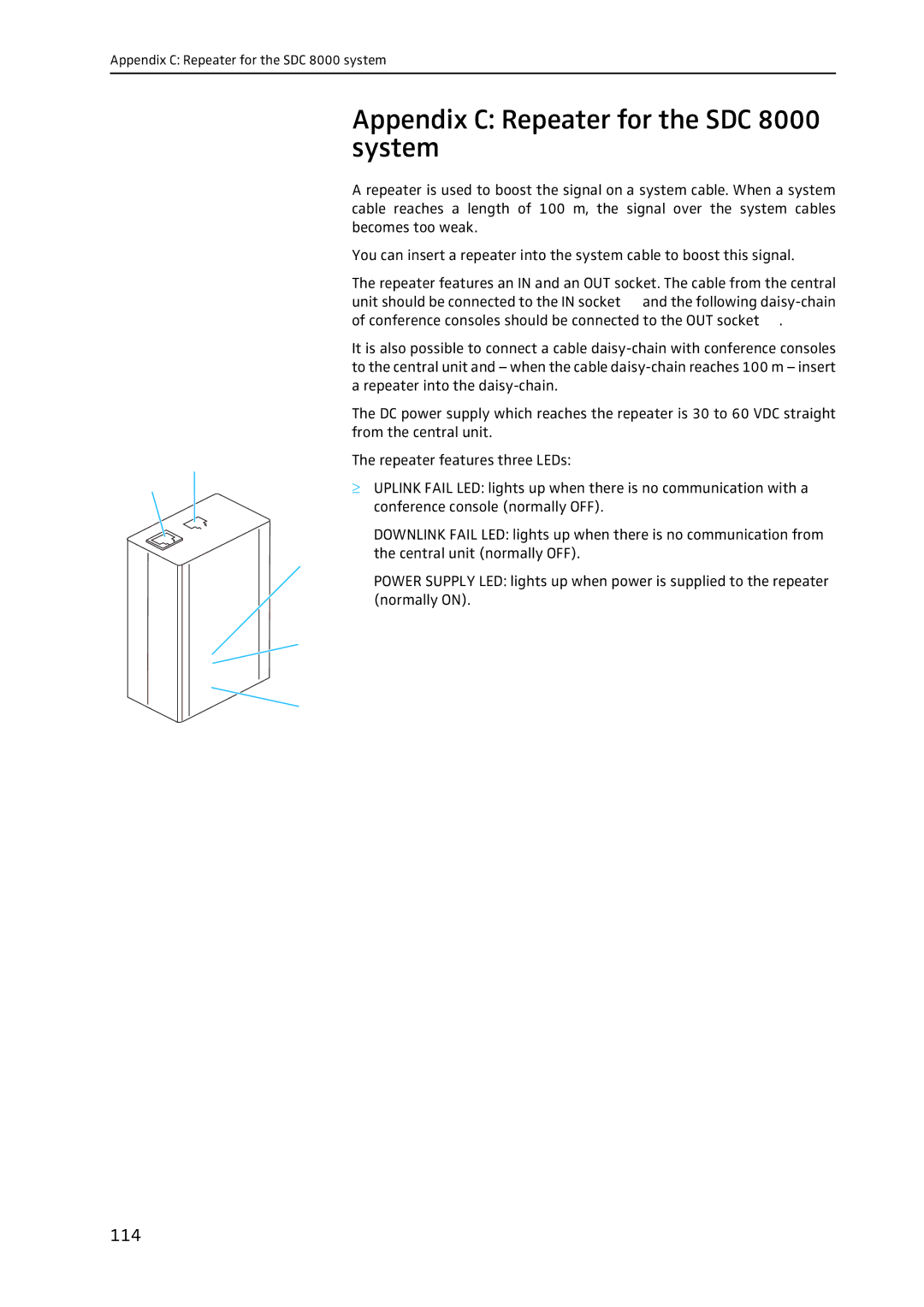 Sennheiser system manual Appendix C Repeater for the SDC 8000 system, 114 