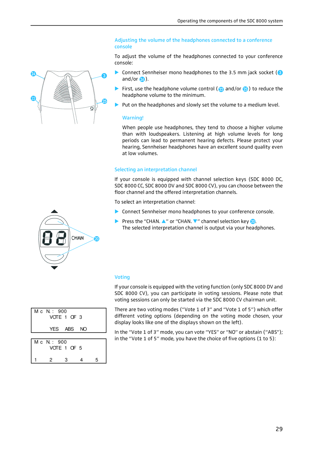 Sennheiser SDC 8000 system manual Selecting an interpretation channel, Voting 