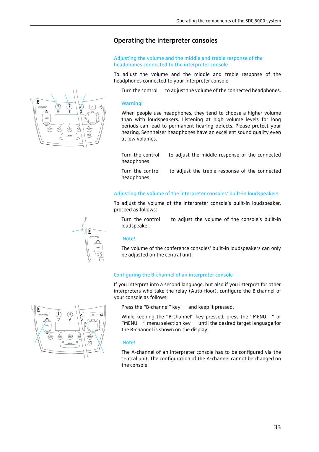 Sennheiser SDC 8000 system manual Operating the interpreter consoles, Configuring the B-channel of an interpreter console 