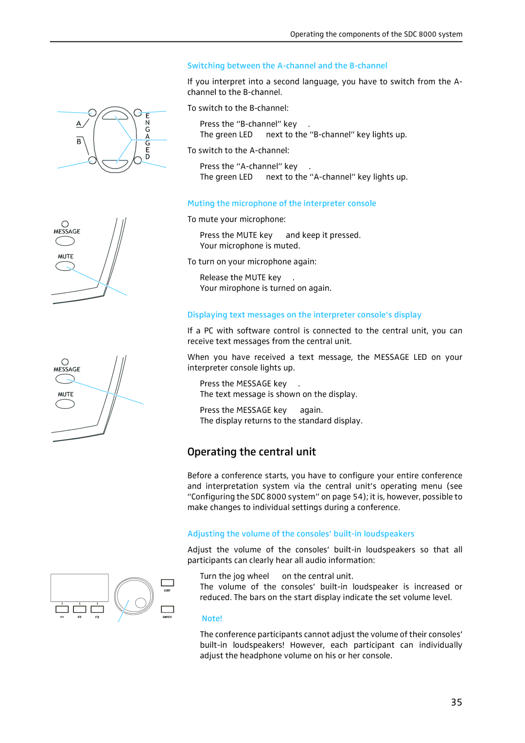 Sennheiser SDC 8000 system manual Operating the central unit, Switching between the A-channel and the B-channel 