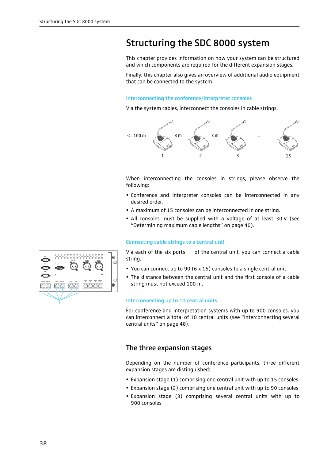 Sennheiser Structuring the SDC 8000 system, Three expansion stages, Interconnecting the conference/interpreter consoles 