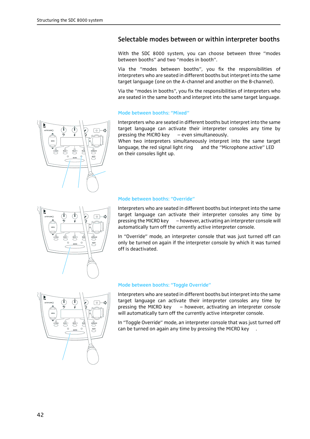 Sennheiser SDC 8000 system manual Selectable modes between or within interpreter booths, Mode between booths Mixed 