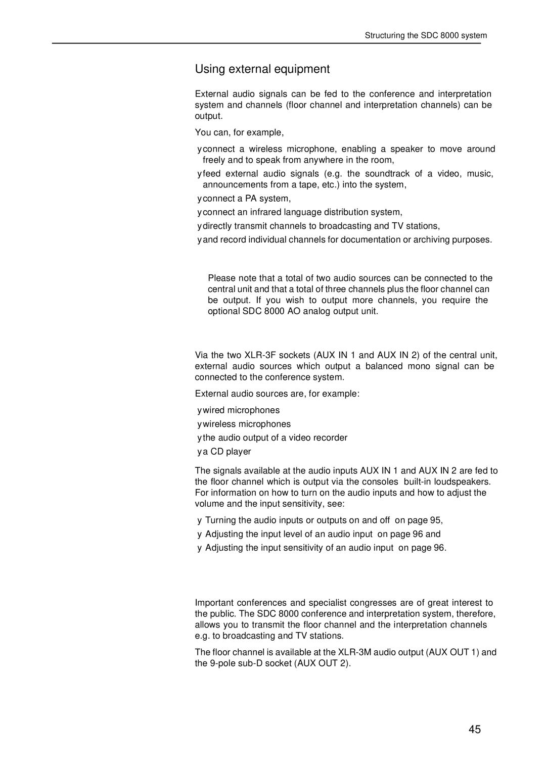 Sennheiser SDC 8000 system manual Using external equipment, Connecting external audio sources 