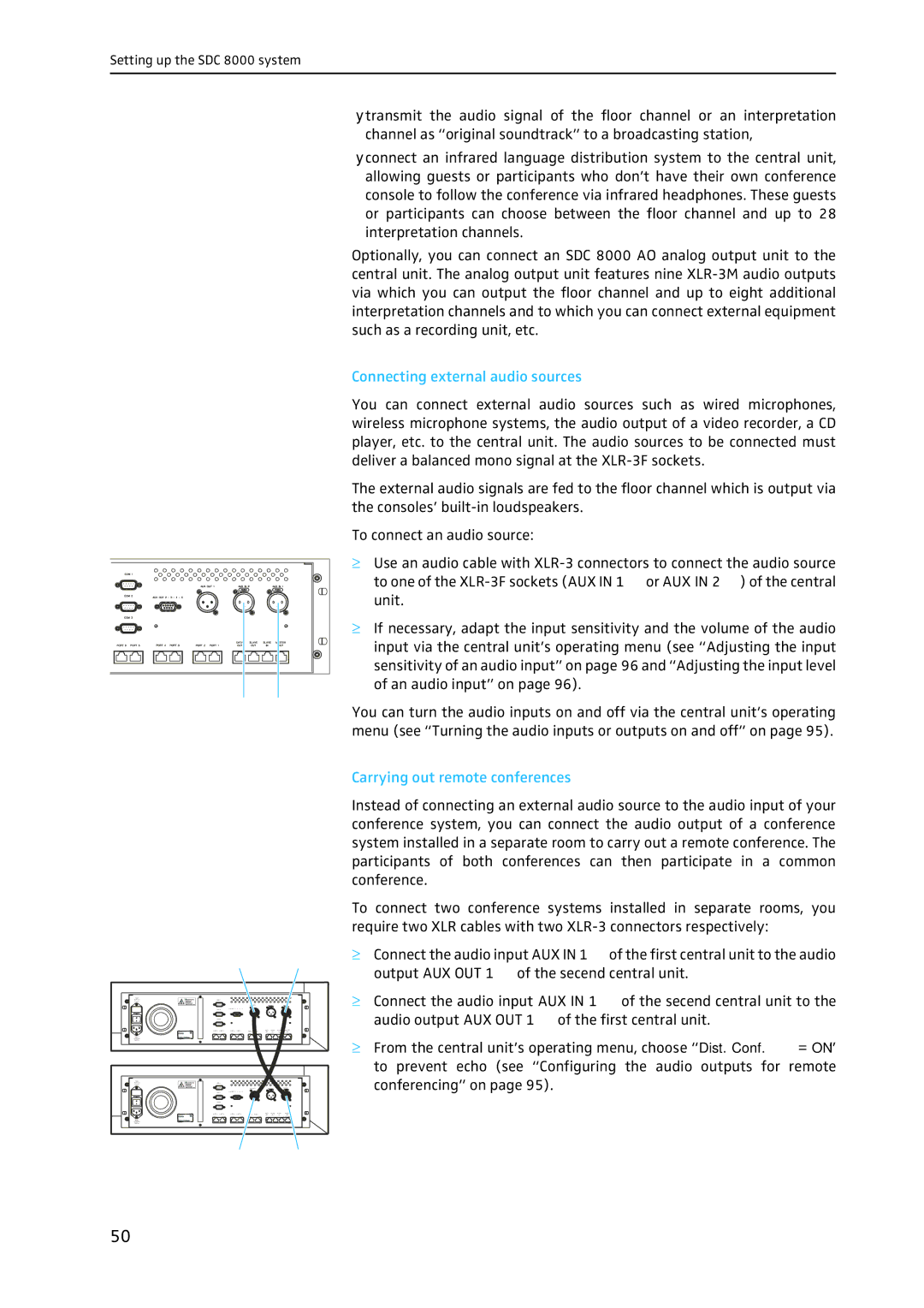 Sennheiser SDC 8000 system manual Connecting external audio sources, Carrying out remote conferences 