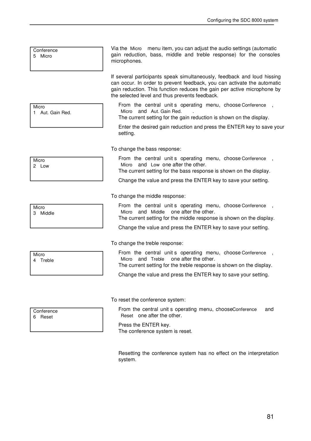 Sennheiser SDC 8000 Adjusting the audio settings for the consoles’ microphones, Resetting the conference system 