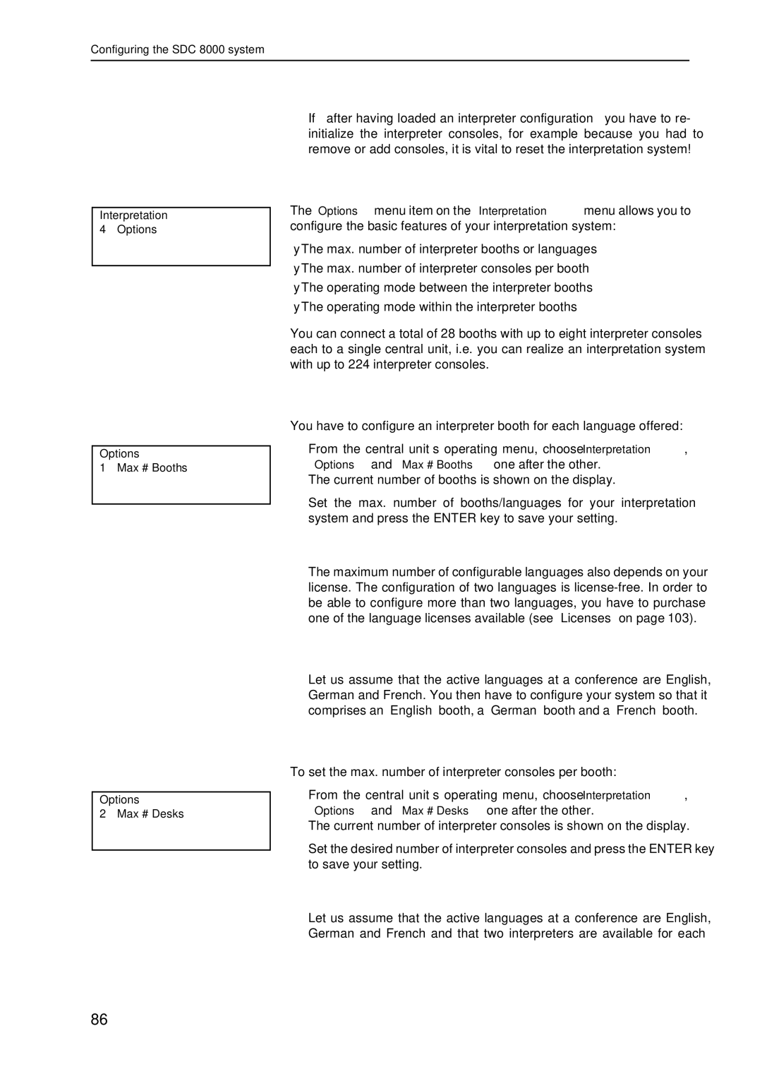 Sennheiser SDC 8000 system manual Options, Setting the max. number of interpreter booths/languages 