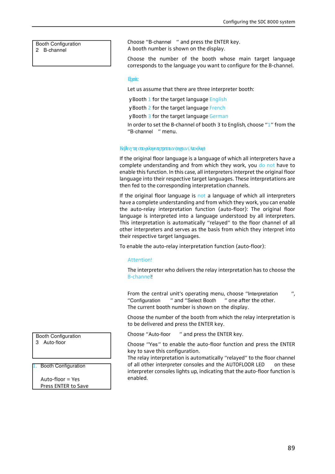 Sennheiser SDC 8000 system manual Enabling the auto-relay interpretation function Auto-floor 