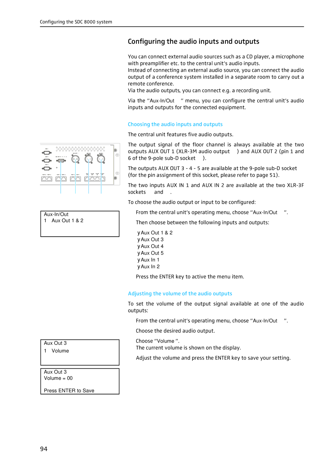 Sennheiser SDC 8000 system manual Configuring the audio inputs and outputs, Choosing the audio inputs and outputs 