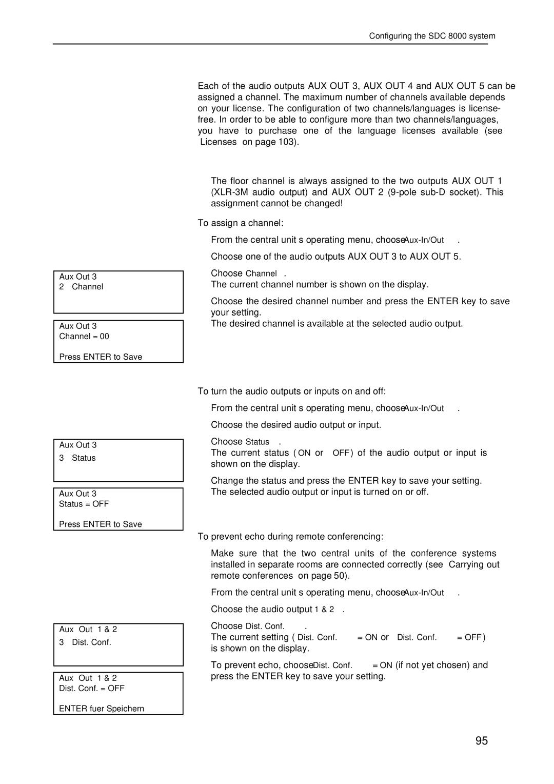 Sennheiser SDC 8000 system manual Assigning a channel to an audio output, Turning the audio inputs or outputs on and off 