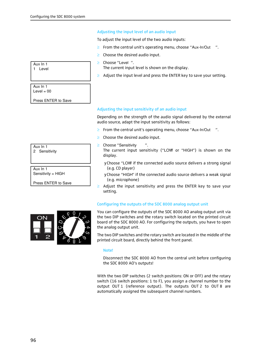 Sennheiser SDC 8000 Adjusting the input level of an audio input, Adjusting the input sensitivity of an audio input 