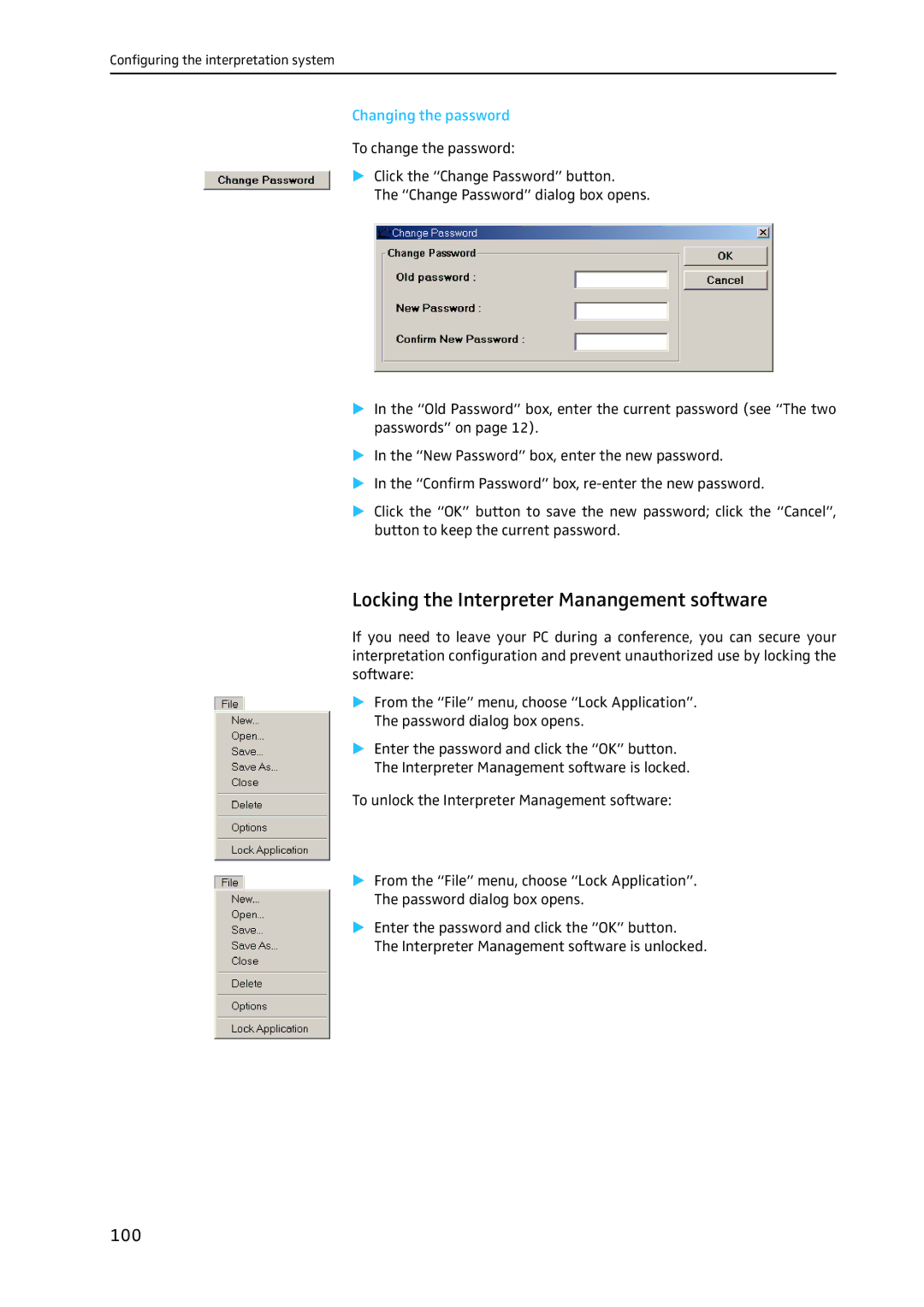 Sennheiser SDC 8200 SYS-M software manual Locking the Interpreter Manangement software, Changing the password 