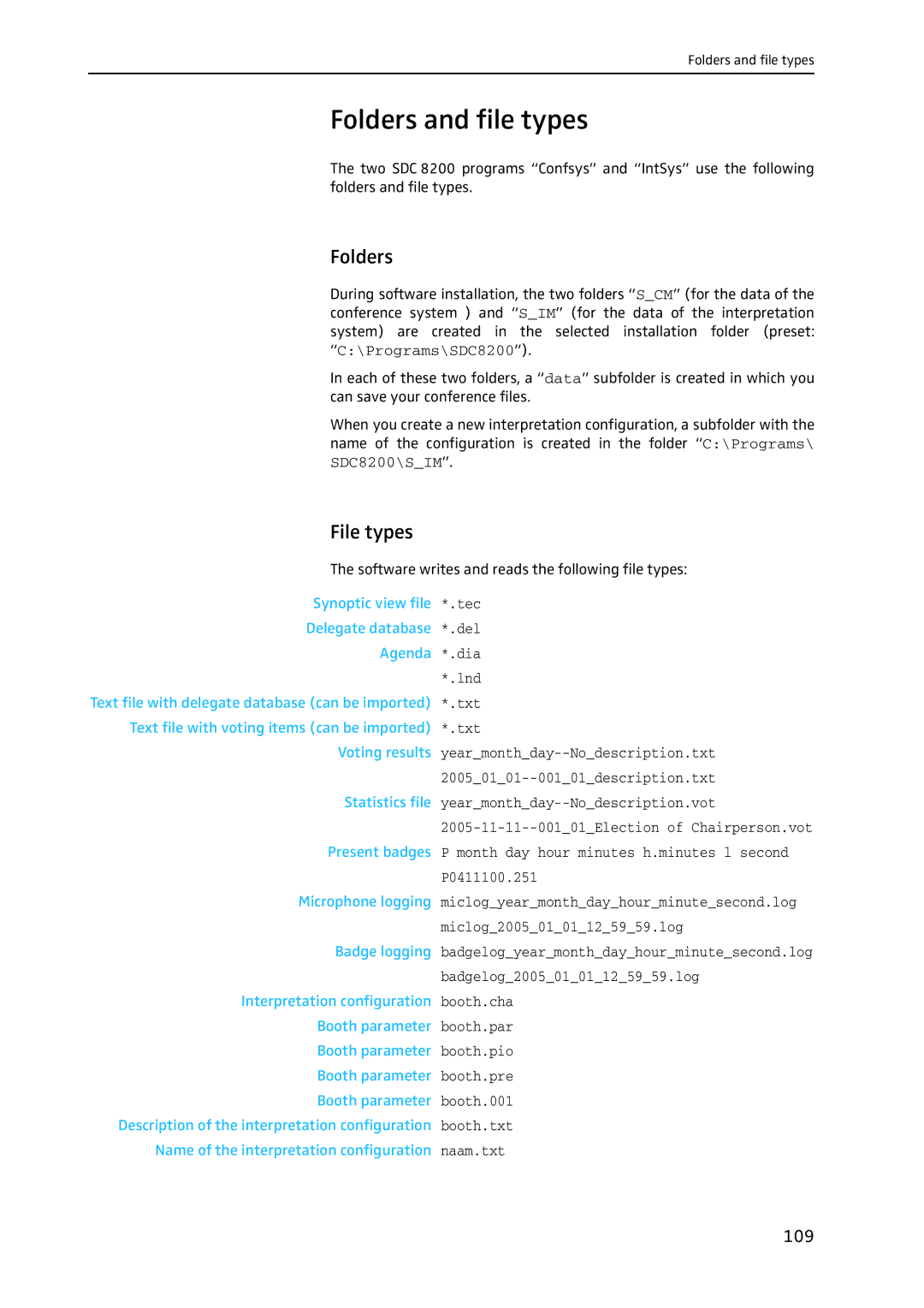 Sennheiser SDC 8200 SYS-M software manual Folders and file types, File types 