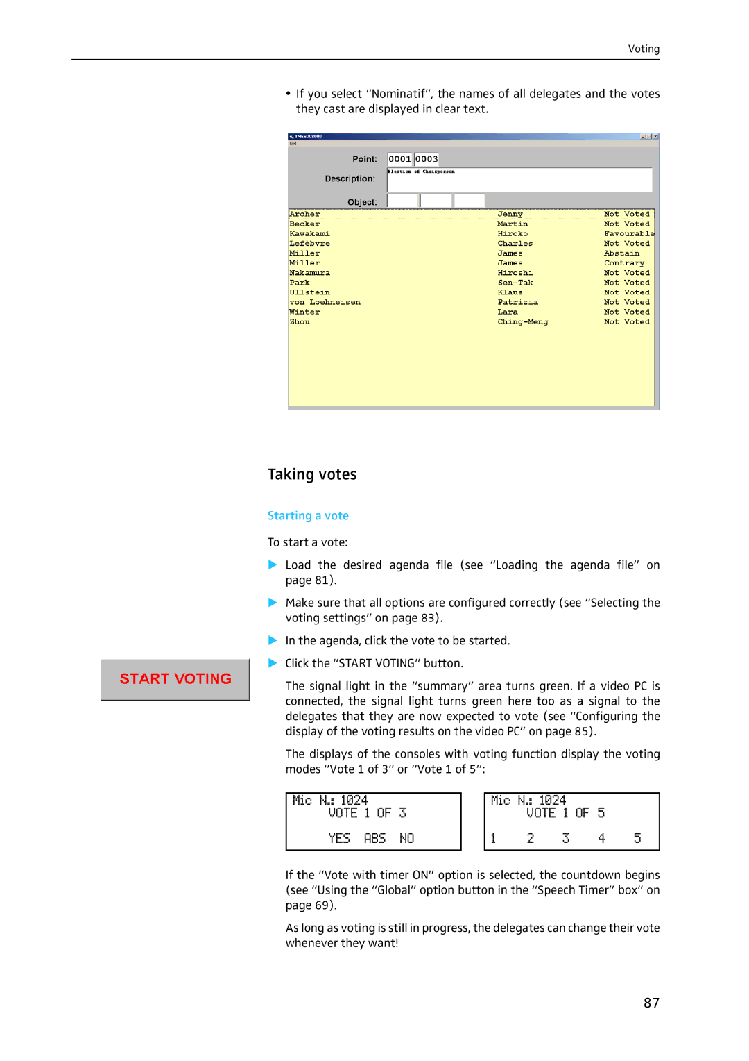 Sennheiser SDC 8200 SYS-M software manual Taking votes, Starting a vote 