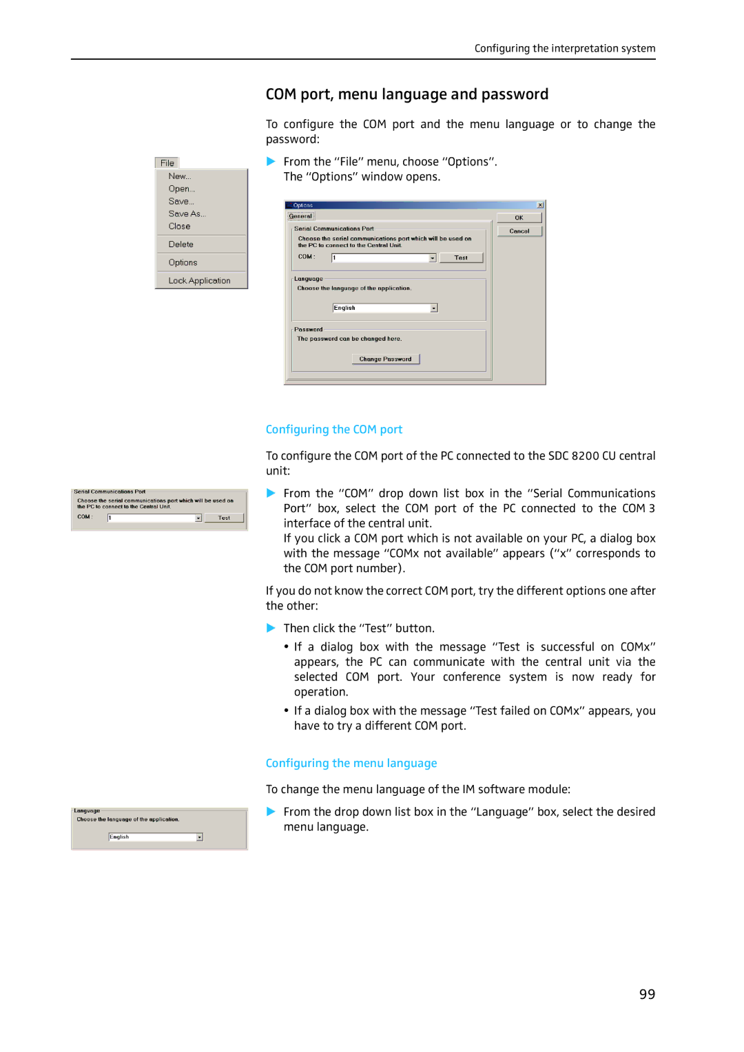 Sennheiser SDC 8200 SYS-M software manual COM port, menu language and password, Configuring the menu language 