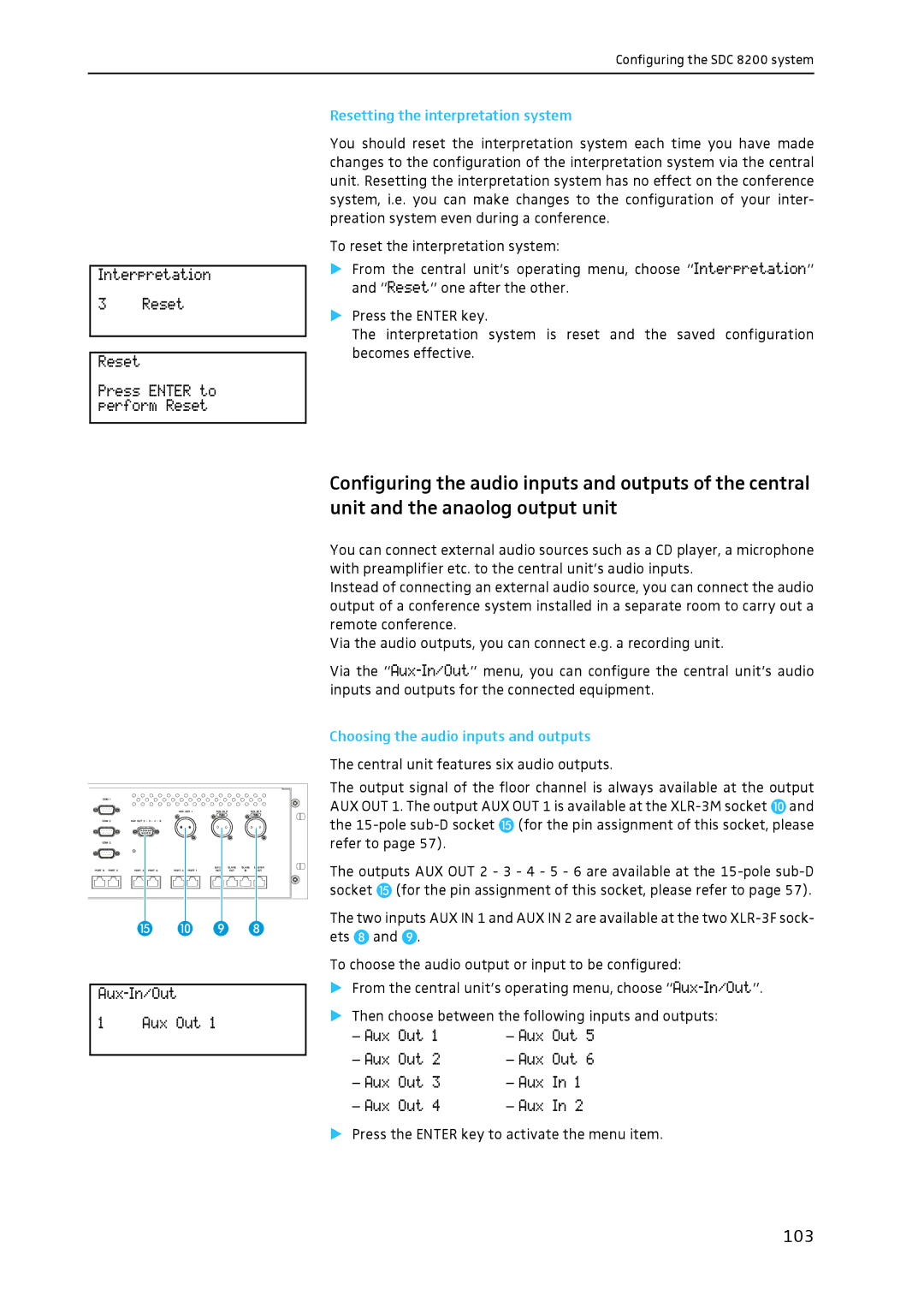 Sennheiser SDC 8200 system manual 103, Resetting the interpretation system, Choosing the audio inputs and outputs 