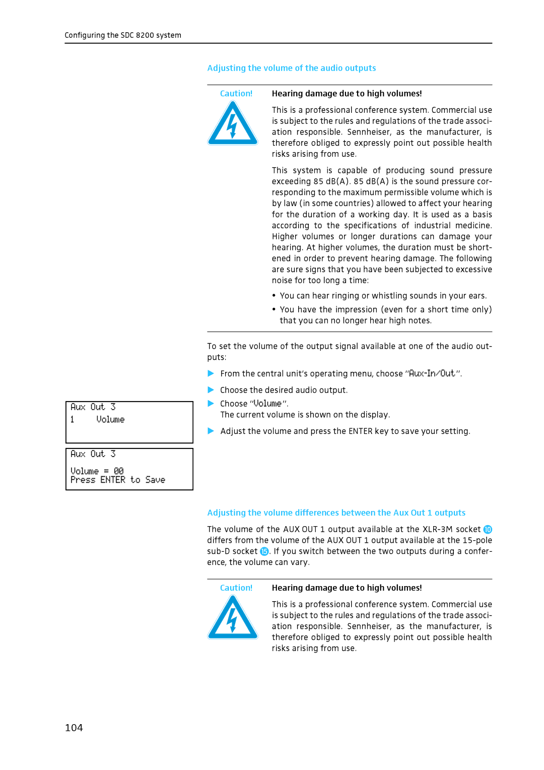 Sennheiser SDC 8200 system manual 104, Adjusting the volume of the audio outputs 